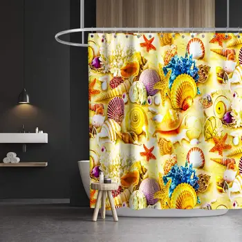 

Seashell Shower Curtain Beach Sea Animals Theme Fabric Ocean Bathroom Decor Sets with Hooks Waterproof Washable Yellow and Blue