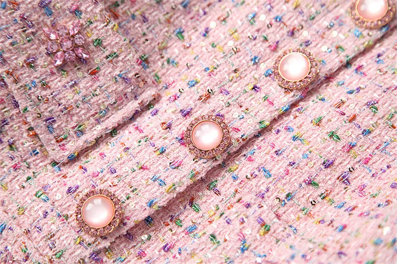Осень-зима, модное дизайнерское подиумное платье для женщин, элегантная одежда с длинным рукавом, роскошное тонкое розовое твидовое шерстяное платье с бриллиантами