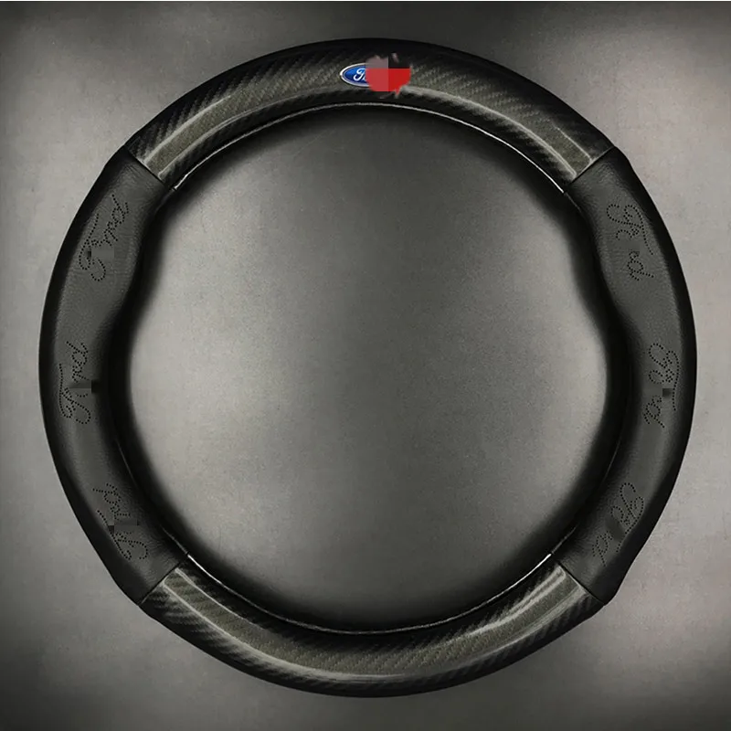 Black 38cm ManH FenT углеродное волокно коровья кожа Чехол рулевого колеса автомобиля для Ford Focus 2 3 MK2 Fiesta Fusion Mondeo MK4 Kuga Ranger F150 - Название цвета: Black 38cm