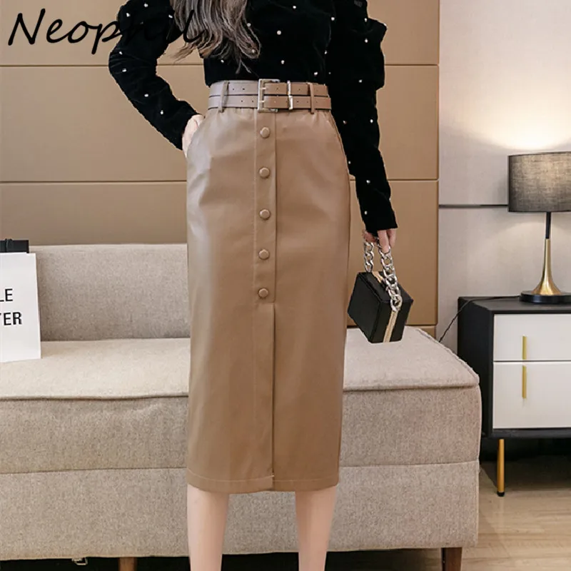 Neophil Women Bodycon PU Faux Leather Pencil Skirts With Belt Button 2022 Autumn Winter Slim Office Ladies Midi Hip Skirt S21860 | Женская