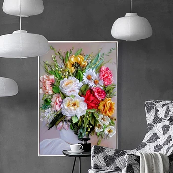 

Bouquet In Vase Frameless Drawing Flowers Retro Oil-painting Print Poster Bedroom Living Room Porch Wall Art Picture Home Decor