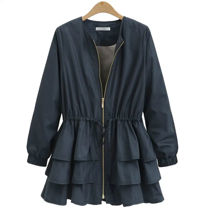 

Women Jackets Coats for Autumn Fashion Tide Black O-neck Cascading Ruffles Loose Long Sleeve Patchwork Woman Coat Big Size