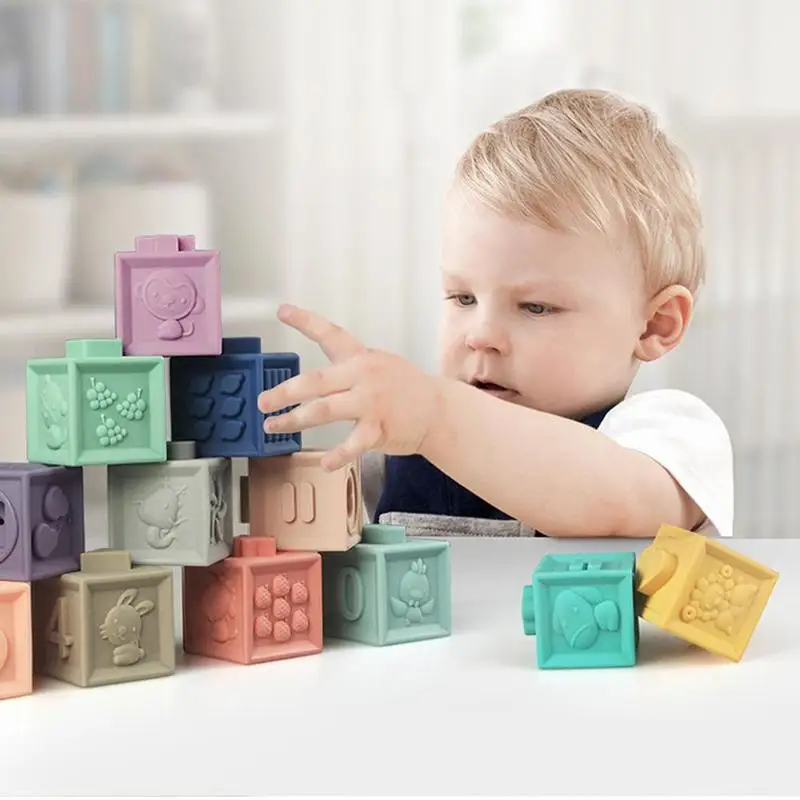 

12Pcs/set Silicone Building Blocks 3D Soft Balls Baby Grasp Toy Baby Massage Rubber Teethers Squeeze Toy Bath Ball Toys