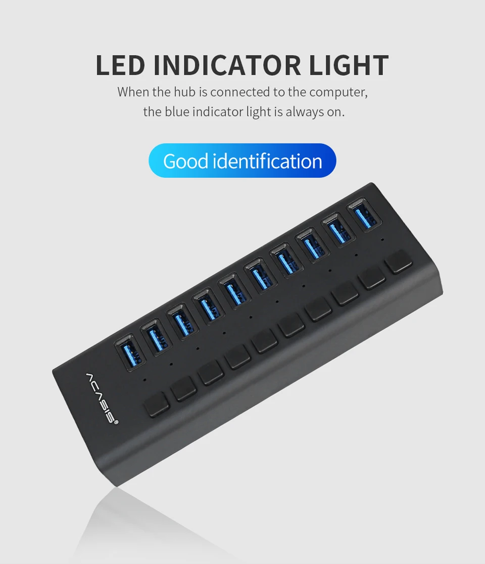 Acasis USB 3,0 концентратор с адаптером питания EU/US/UK 10 портов высокоскоростной USB3.0 концентратор расширитель с переключателем для ПК