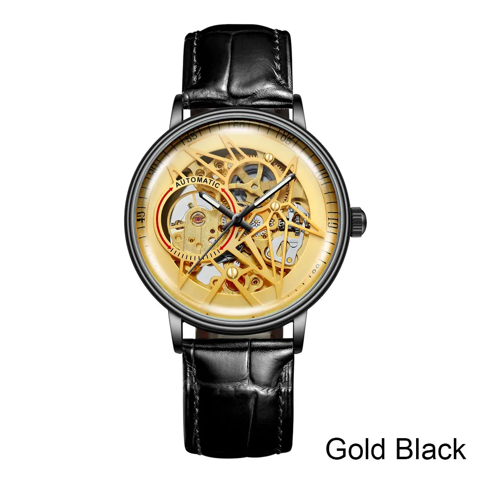 Gold Black Роскошные мужские часы механические турбийон автоматические часы кожаные мужские спортивные часы Relogio Masculino модные Relojes Hombre - Цвет: Gold Black