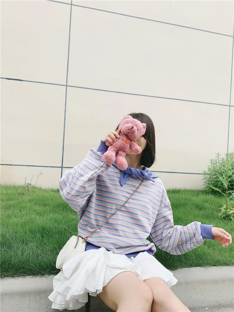 Social Harajuku фиолетовый полосатый свитер с капюшоном Женская Толстовка Зимняя хлопковая рубашка пуловер модная женская плотная Толстовка