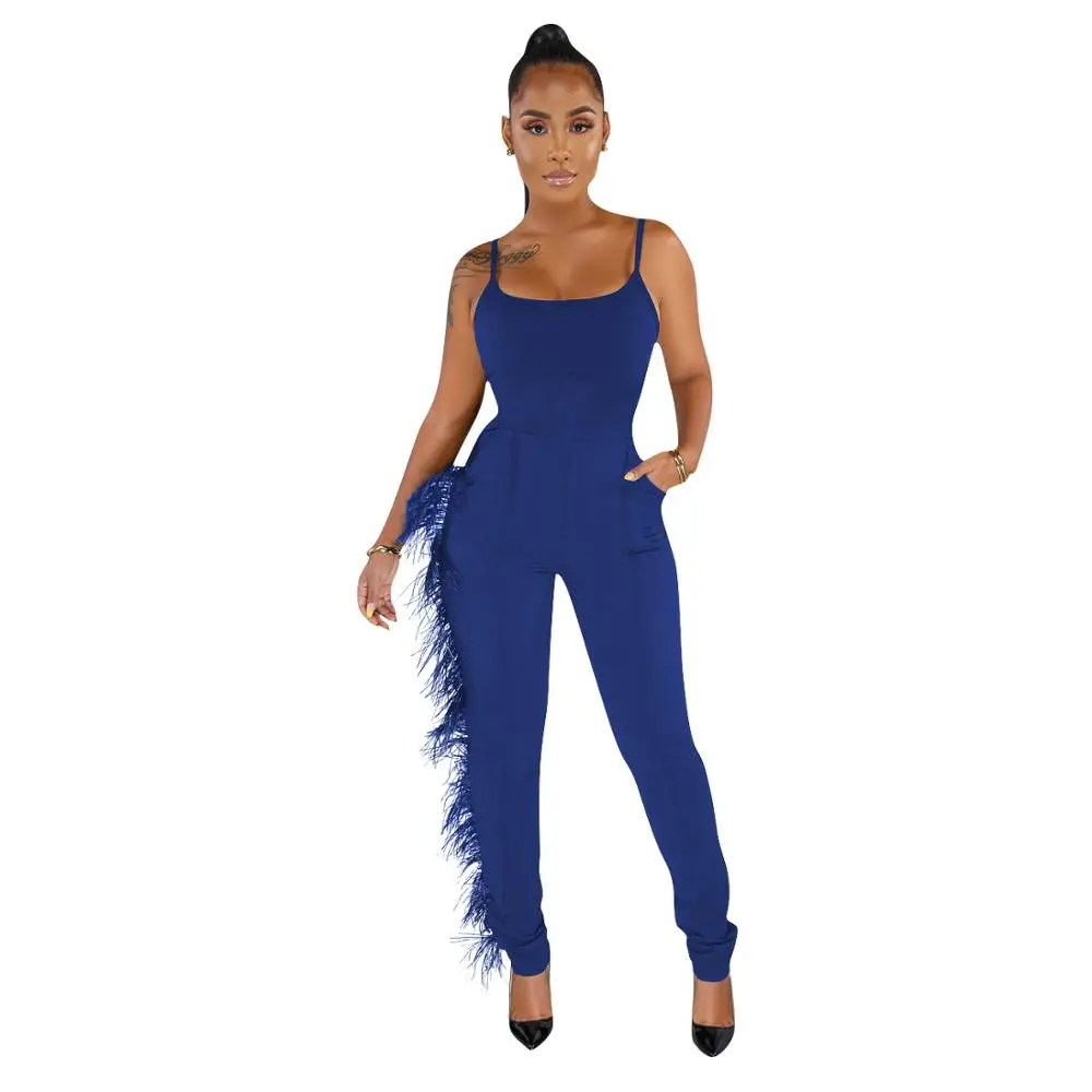 Echoine Spaghetti Strap Feather Fringe Jumpsuit with Pocket Slim Bodycon Female Playsuit Evening Party Bodysuit Clubwear Outifit - Цвет: blue rompers