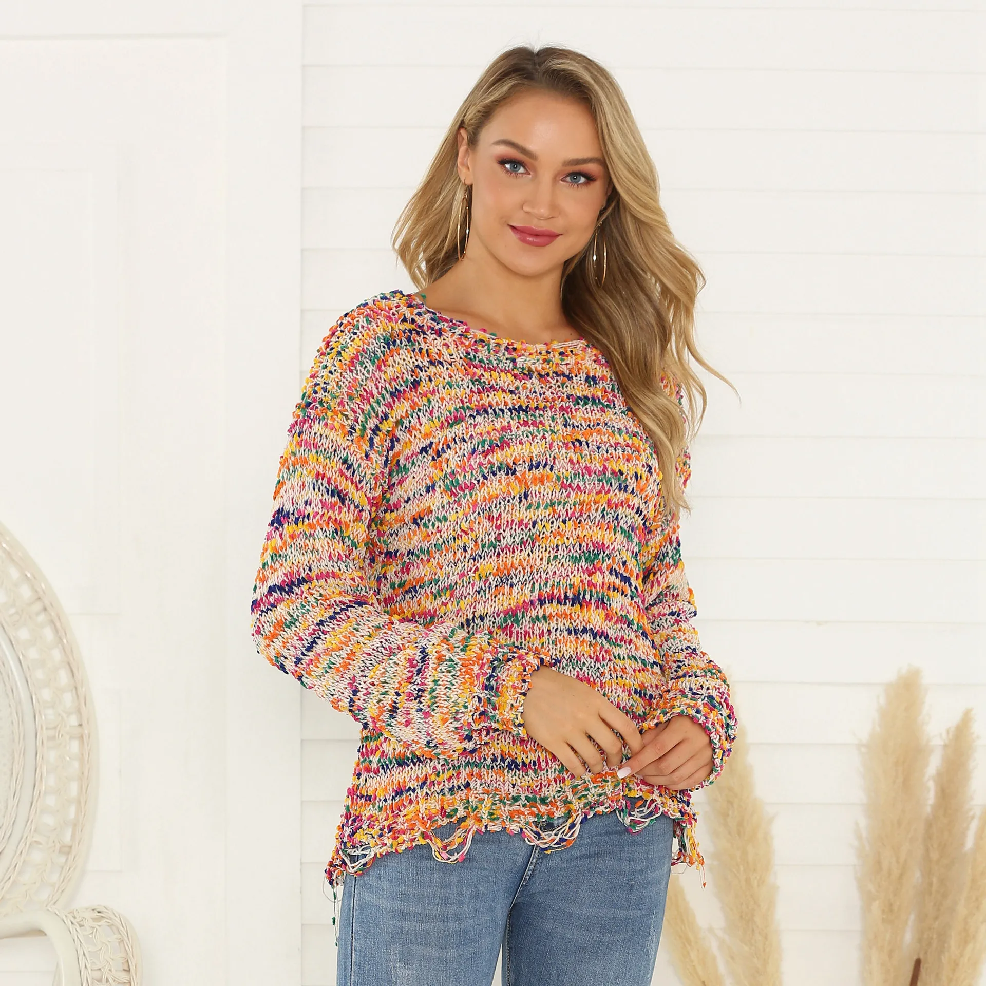

Cross-Border Supply a Generation of Fat 2019 Western Style New Style Gradient Multi-color Thick Thread Sweater Women's Autumn An