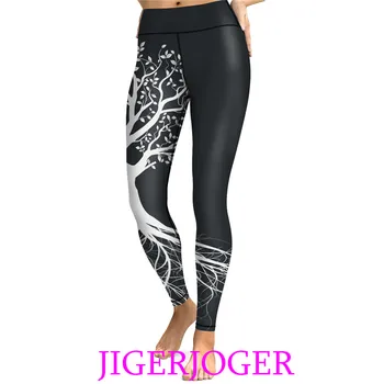 

JIGERJOGER High waistBand pocket Black white Tree of Life printed Women's Yoga Legging workout Pants Sports Ballet Dance Legging