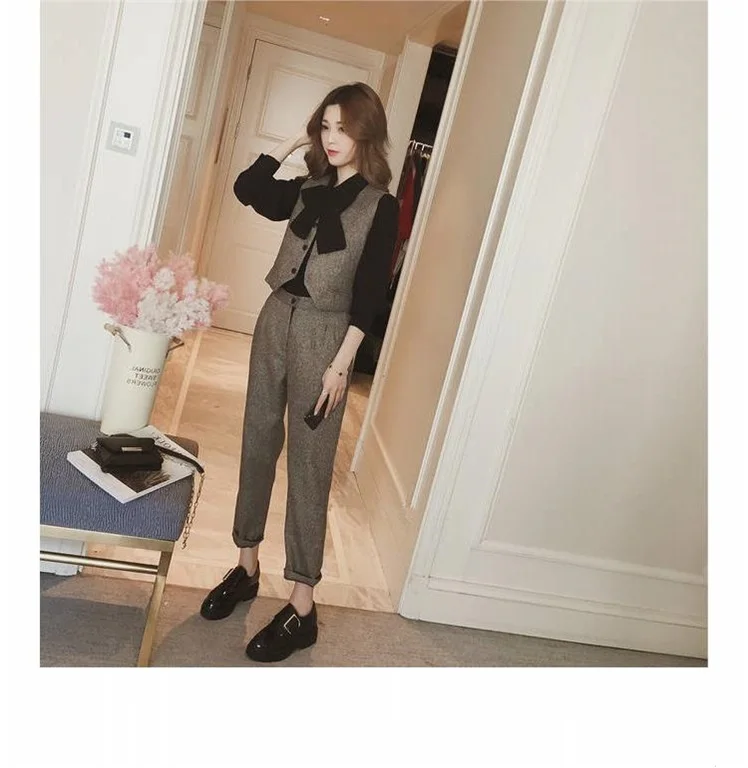 womens loungewear 2020 Spring Office Fashion 3 Piece Sets Women Black Bow Shirt + Vest + Pants Suits Korean Ol Style Workwear Female 3 Pcs Sets ladies loungewear