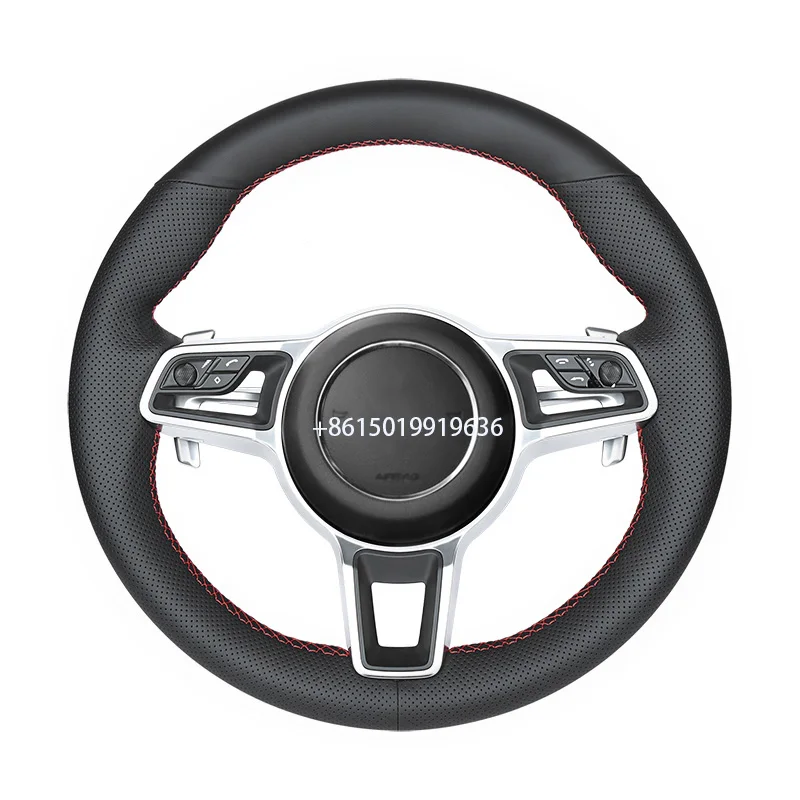 DIY Top Black Leather Car Steering Wheel Cover for Porsche Macan