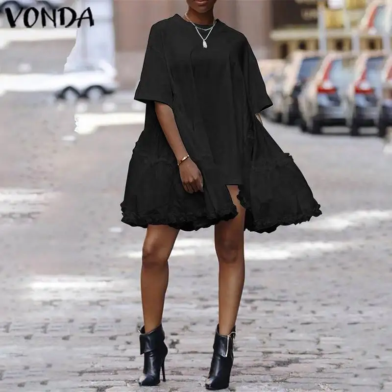 VONDA, женское летнее платье сарафан, модное платье-рубашка с круглым вырезом и длинным рукавом, 5XL, вечерние платья размера плюс, женские туники, сорочка