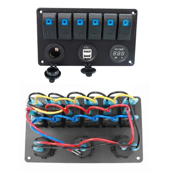 

6 Gang Car Marine Boat LED Rocker Switch Panel 12V-24V Breaker Voltmeter with Double USB & Cigarette Lighter Port