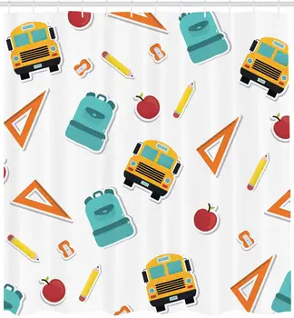 

School Bus Shower Curtain Back to Academics Back Pack Elements Ruler Pencil Sharpener and Apples Useful Bathroom