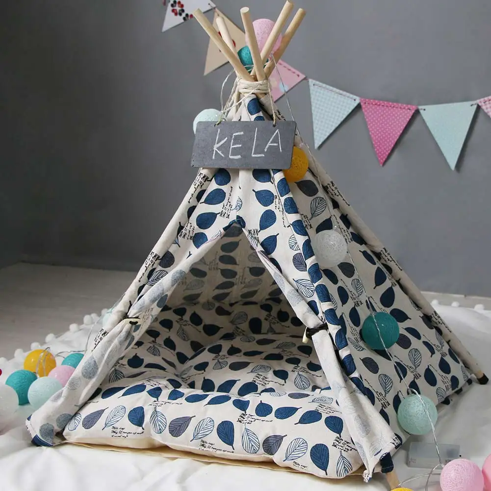 

Pet Teepee Dog Cats Rabbits Bed Canvas Portable Pet Tents Houses with Cushion GQ