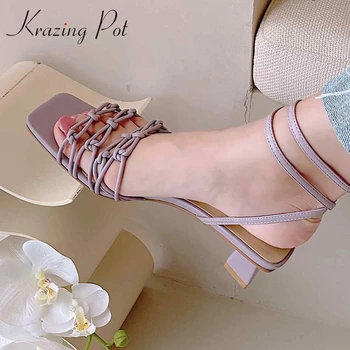 

Krazing pot gladiator mature narrow band full grain leather square toe women summer sandals buckle strap med strange heel L12