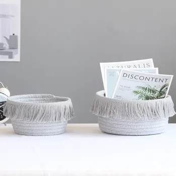 

Hand Woven Storage Basket With Tassel Nordic Gray Handmade Knitting Cotton Rope Laundry Baskets Office Desktop Sundries Hamper