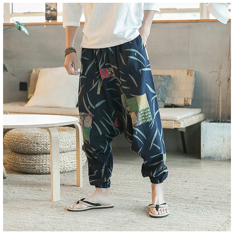 Nice Harajuku Cotton Linen Harem Cross Pants Men Jogger Pants Male Summer Floral Print Hawaii Beach Pants Trousers