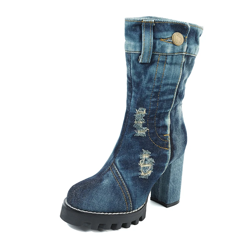 Canvas Women's Shoes Autumn Winter High-heeled Tube Denim Boots Handsome Motorcycle Thick Heel 9.5CM Vintage | Обувь