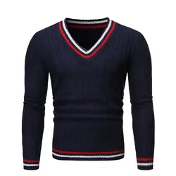 2019 осенний повседневный мужской свитер с v-образным вырезом Полосатый Узкий вязаный свитер мужской свитер пуловер M-2XL
