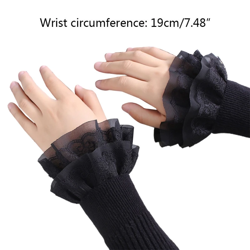 Women Sweet Fake Sleeves Double Layer Ruffles Lace Flared Cuffs Wrist Warmers F3MF |