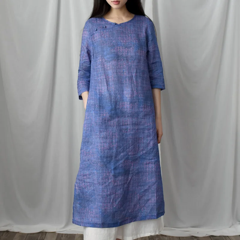 

2020 Summer National Wind Ramie Plate Buttons Print Gown Slit Long Section Was Thin Dress Female Loose Robe
