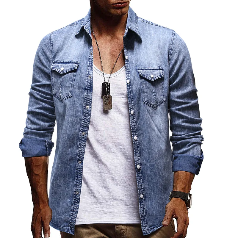 

Dropshipping 2019 Brand Quality Male Shirt Solid Striped Long Sleeve Jeans Shirt Men Casual Slim Fit Jeans Shirt Men US size