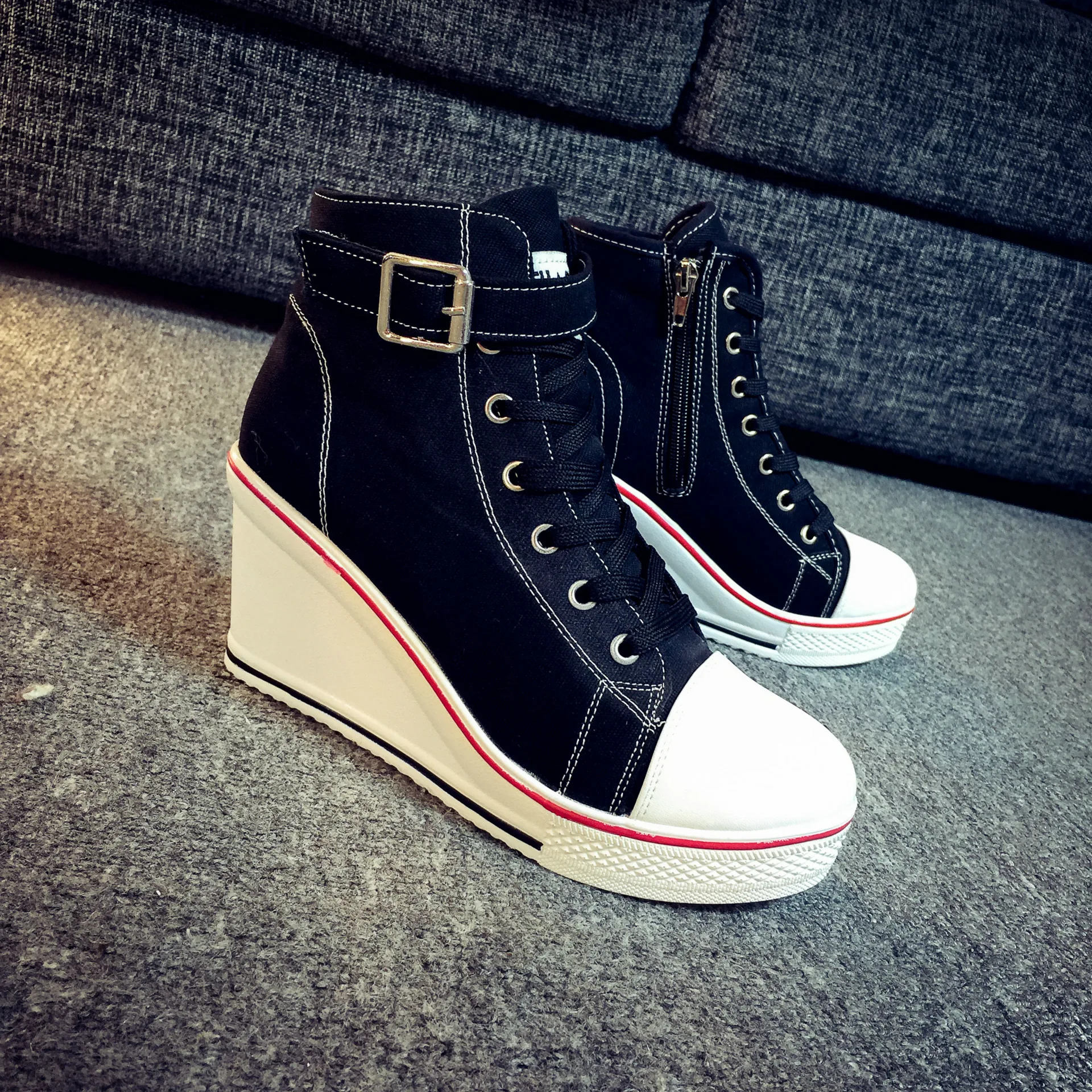 

Women Shoes Hidden Wedge Invisible Heel Shoes 2020 Women Casual Shoes Canvas High Top Breathable Platform Sneakers