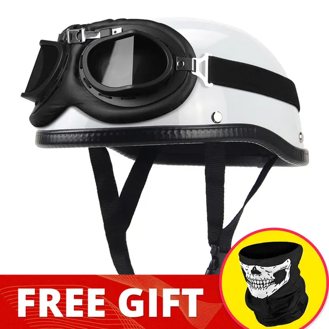 Motorcycle Helmet German Leather Vintage Casco Moto Motorcycle Open Face Retro Half Helmet Chopper Biker Pilot DOT Size S-XXL 307-White-Glasses 02