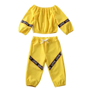 

CANIS 2PCS Kid Baby Girl Clothes Long Sleeve Letter Printed Patchwork Off-Shoulder Tops T-shirt+Long Pants Casual Outfit