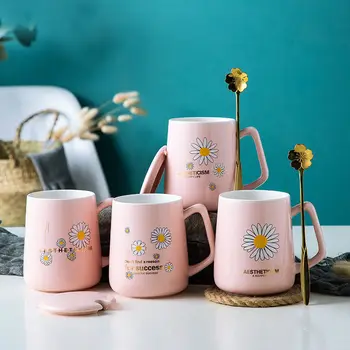 

400ml Creative Planet Daisy Pattern Ceramics Mug With Lid And Spoon Coffee Milk Tea Mugs Breakfast Cup Drinkware Novelty Gifts