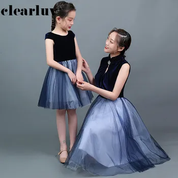 

Parent Child Wear DB102 High Collar Formal Party Dresses Patchwork A-Line Vestido De Fiesta Navy Blue Parent-child Prom Gowns
