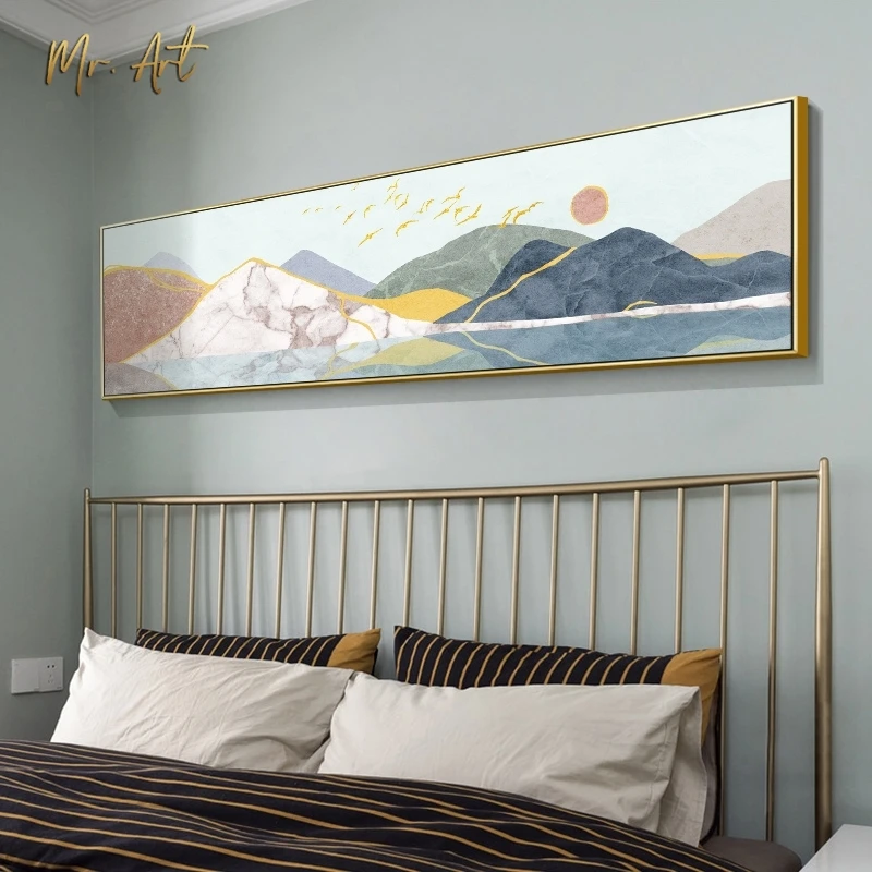 

Modern Canvas Painting Watercolor Mountain and Lake Bedside Poster Wall Art Pictures for Living Room Bedroom Nordic Home Decor