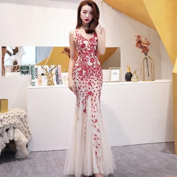

Sexy Slim Lady Mermaid Dress Cheongsam Exquisite Sequin V-neck Evening Party Gown Bridal Wedding Dress Flower Vestidos De Festa