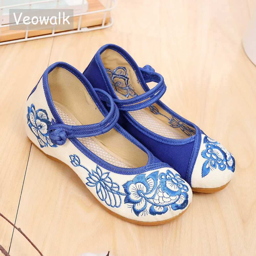 

Veowalk Chinese Embroidered Children Girls Canvas Ballet Flats Mid Top Ankle Strap Kids Comfort Casual Dance Playing Shoes