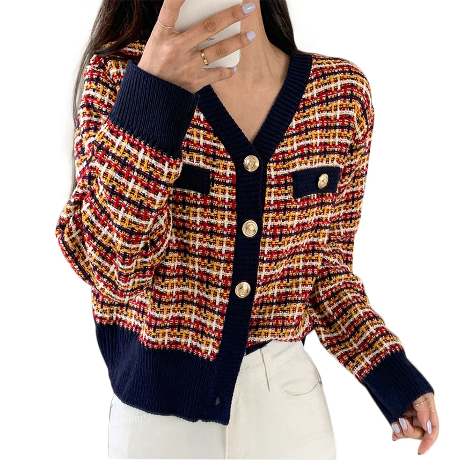 

Кардиган женский твидовый, в клетку, с V-образным вырезом, элегантный, 2020