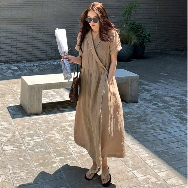 Johnature Summer New Korean Linen Solid Color Women Dress 2022 Causal V
