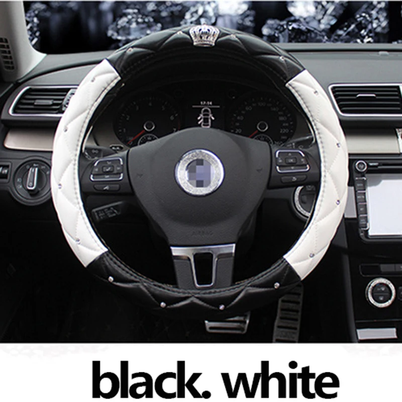 black White Модные женские из искусственной кожи Чехлы рулевого колеса автомобиля алмаз черный розовый авто рулевое покрытие Чехлы для леди девушки автомобильные аксессуары - Название цвета: black White