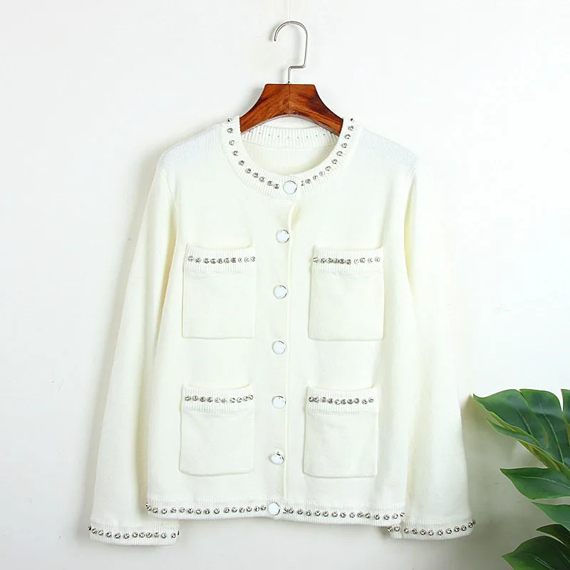 

Preppy Style Fall Knit Cardigan Sweater Women 2019 O-neck Single Breasted Lurex Beading Pocket Jumper Jackets pull femme