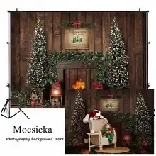 Mocsicka Wood Christmas Background for Photography Christmas Tree Farm Fireplace Garland Photo Backdrop Child Photo Shoot Studio