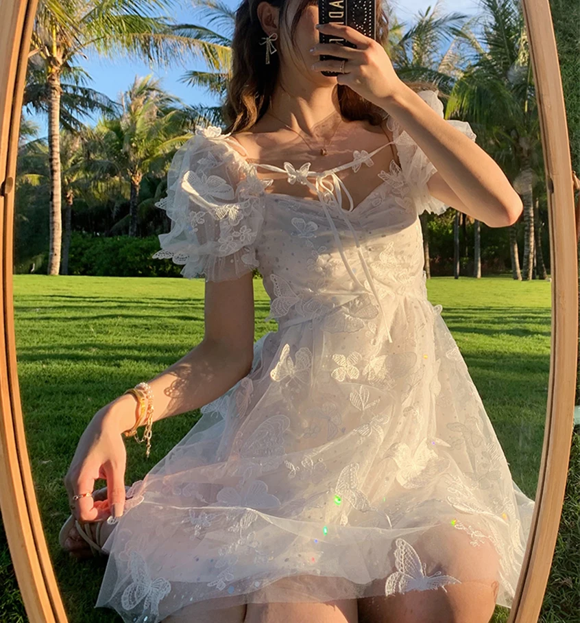 LUX ANGNER New Princess Summer Dress Woman Sweet Butterfly Bubble Short Sleeve White Clothes Party Dresses For Women 2021 | Женская