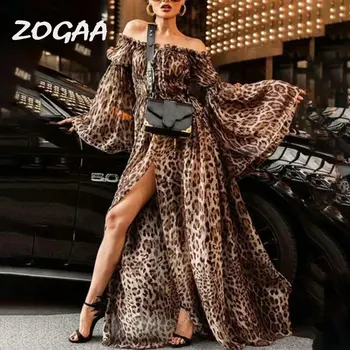 

ZOGAA Women Leopard Print Summer Dress 2019 Sexy Slash Neck Split Maxi Long Evening Party Dresses Casual Vestidos Plus Size XXXL