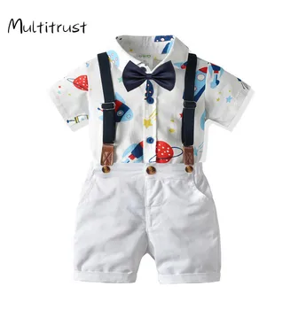 

2020 Summer Baby Boy's Gentleman Clothes Sets 2pcs Cartoon Print Short Sleeve Jumpsuit + Bib Shorts Suit 0-24M