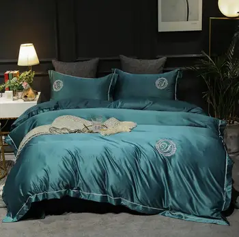 

Chic Embroidered Satin Duvet cover set King Queen Size 4Pcs Silk cotton Bedding sets Pure color Soft Bed sheet linen Pillowcase