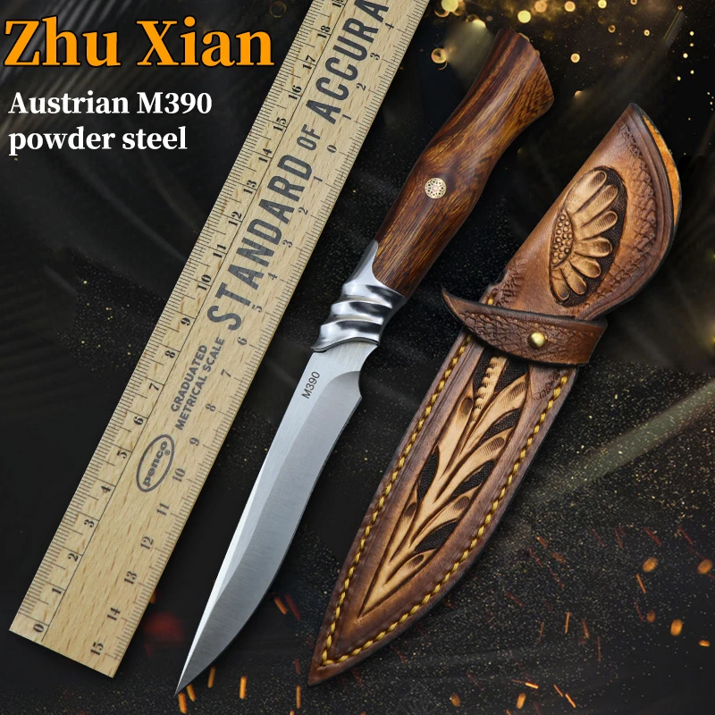 

M390 Steel Fixed Blade Knife Outdoor Tools Tatical Camping Hunting Straight Knife Carved Leather Sheath Survival Knife