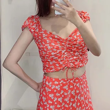 

New Bohemia Women Printed Short Shirts Puff Short Sleeves Korean Style Fashion Folds Tops Vacation Beach Shirts V Neck
