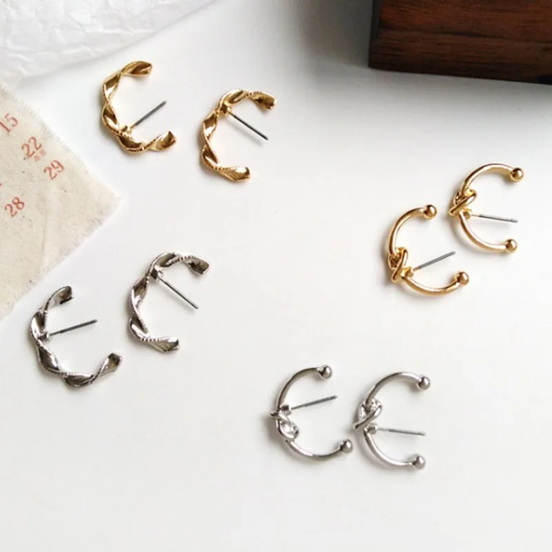

Minimalist Silver Gold Tiwsed Knot Design Geometric Half Round Letter C Shape Small Stud Earrings for Women Girl Simple Jewelry