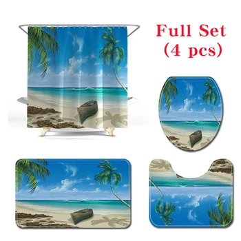 

4Pcs Set Household Natural Beach Ocean Scenery Printing Shower Curtain Bathroom Mat Toilet Seat Mat Non-slip Floor Mat Set