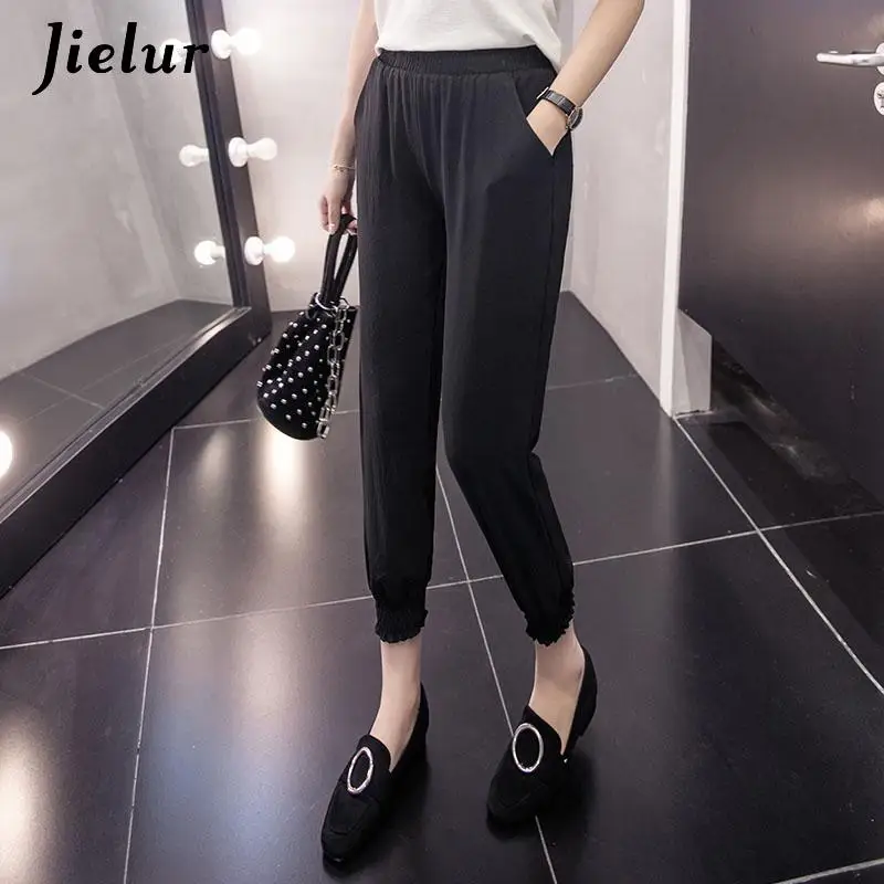 Jielur Chiffon Pants Summer Female Leisure Soft Trousers Women Solid Color Casual Loose Thin Cropped Harem Pants Bohemian Mujer