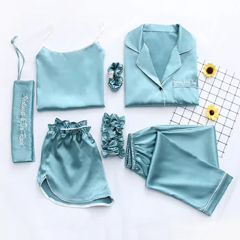 

New Women Green Pajamas Set Stain Silky 7PCS Sleepwear Nightwear Female Casual Pyjamas Suit Loose Sleep Suit Home Clothes